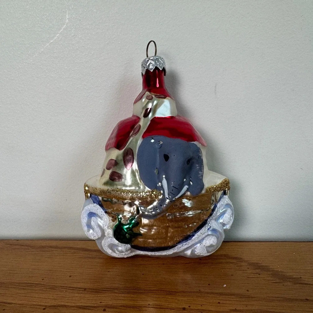 Noahs Ark Glass Christmas Ornament Hand Painted Animals Glitter Holiday